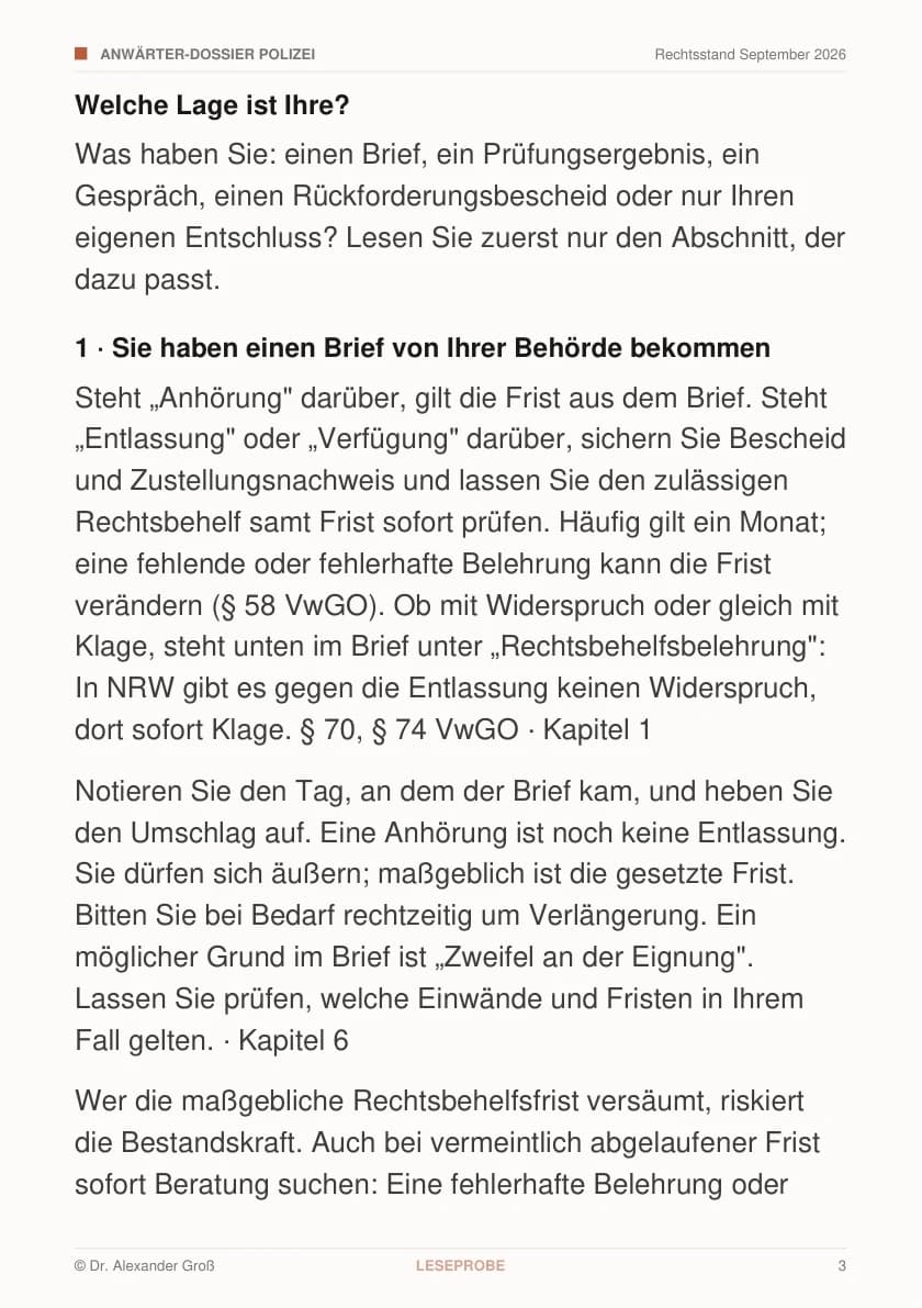 Originalseite aus der Leseprobe: „Welche Lage ist Ihre?“ als Einstieg in die passenden Kapitel.